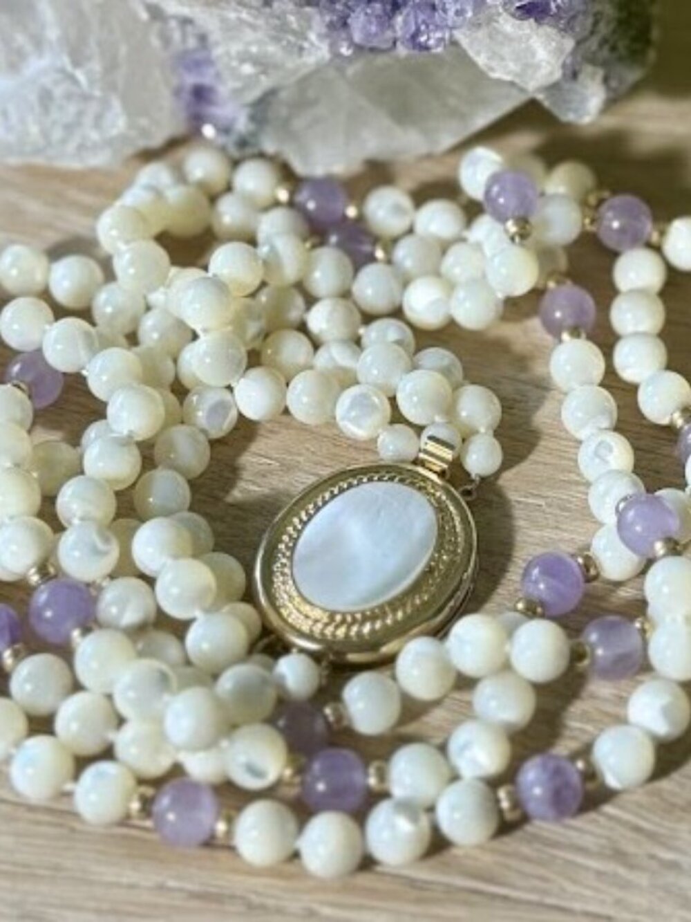 Elegant Triple Strand Mother of Pearl and Amethyst Necklace